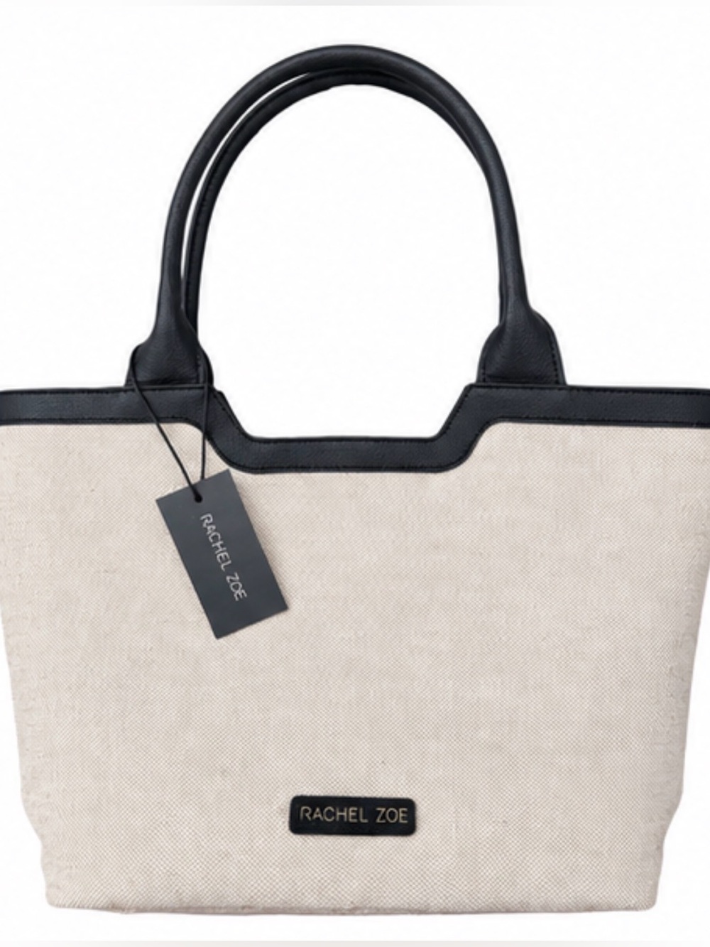 NWT Rachel Zoe Two-Tone Cream Canvas Large Tote Bag Black Leather Trim NEW